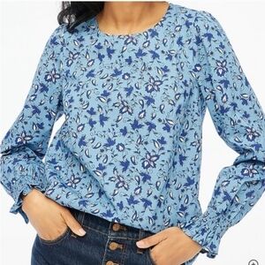 J.Crew Factory Top Size XL Blue Floral  Long Sleeve Printed Poplin Blouse
